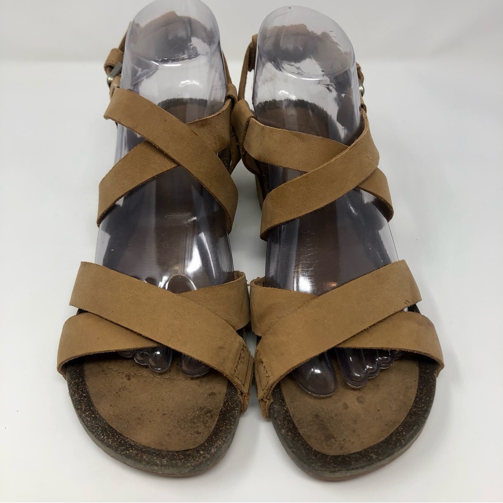 Teva Mahonia Cork Wedge 2” Heel Leather Cross Strap Open Toe Sandals Comfy